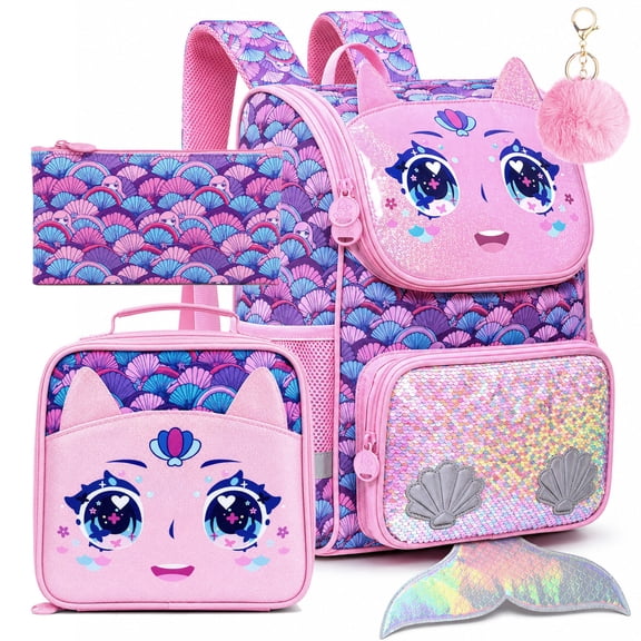 3PCS Girls Backpack Set, 15 Inch Sequin Mermaid Pattern School Bag with Lunch Box for Preschool Elementary Students, Pink