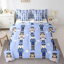 jejeloiu Cartoon Nutcracker Soldier Twin Bedding Sets 7-Piece,Christmas Festival Bedding Comforter Set,Blue Brown Sheet Sets For Girls,,Microfiber Bedroom Decor Reversible