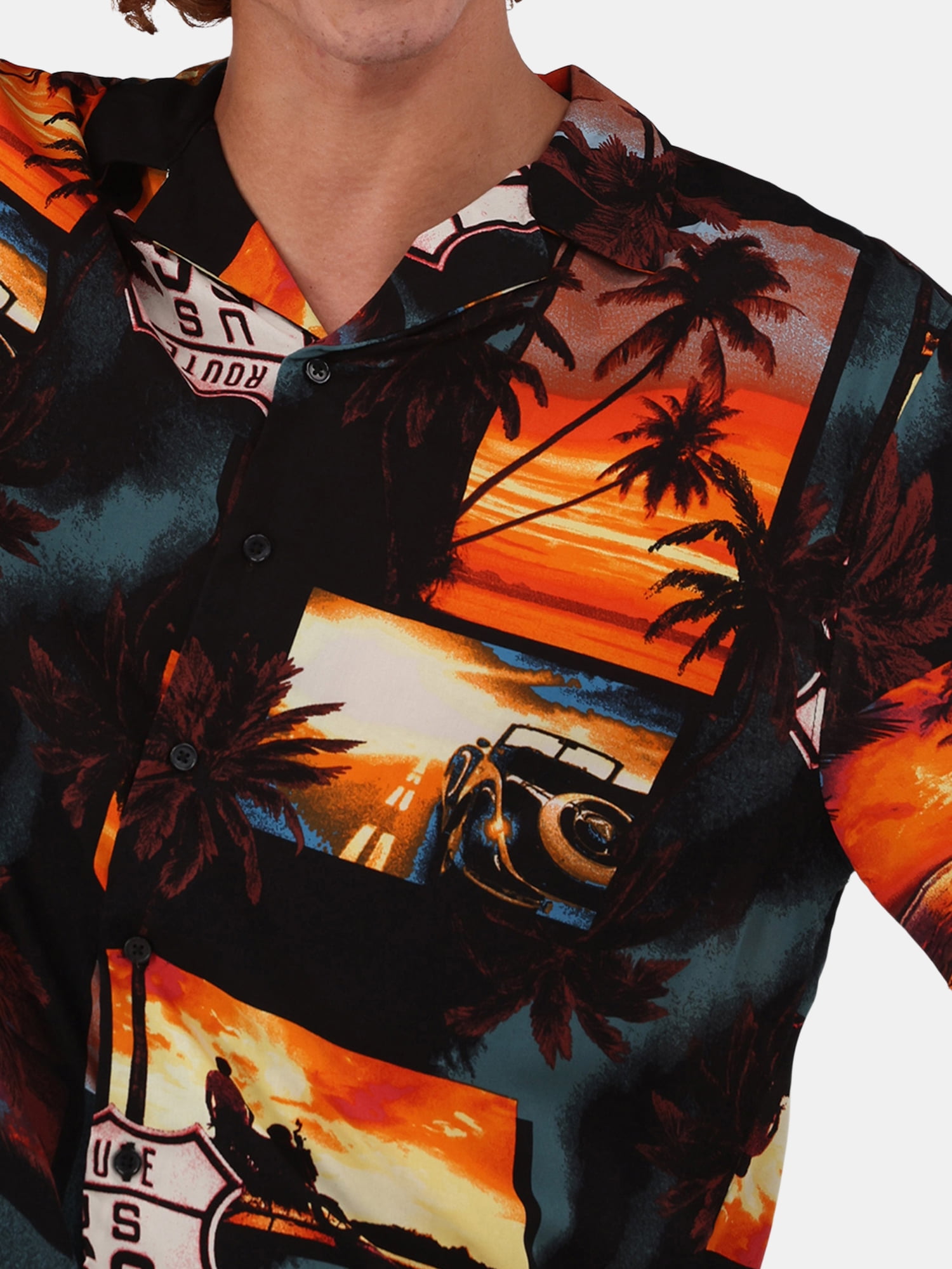 No Boundaries Printed Rayon Button Up Resort Shirt with Short Sleeves, Men's & Big Men's