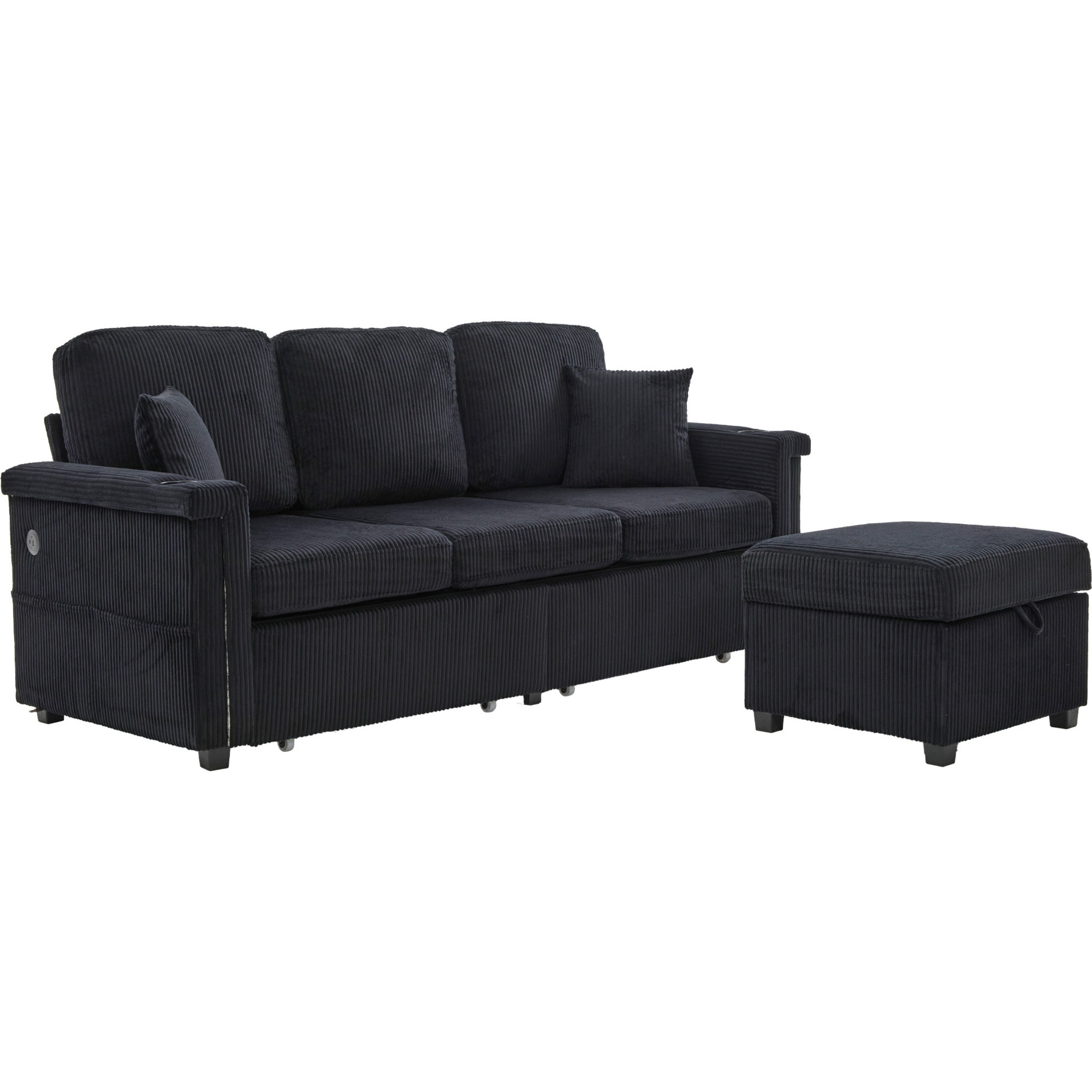 Noble House Elena 4-Seater L-Shaped Corduroy Sectional Sofa with Pull-Out Storage, Ottoman for Living Room, Black