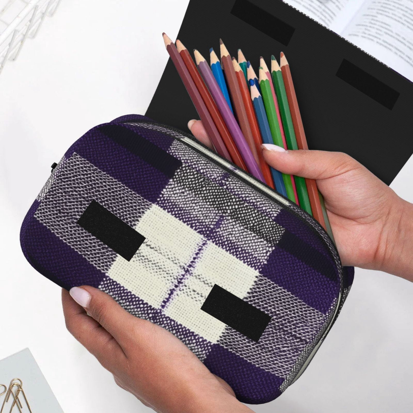 Large-Capacity Flip-Top Double-Layer Pencil Case, Multi-Functional Pocket Pen Case, Durable Stationery Organizer Purple Buffalo Plaid Check Tartan Scotland_2
