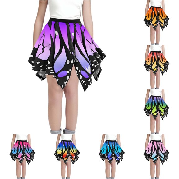 FINALGANG Girls Kids Elastic Waist Butterfly Wing Galaxy Print Irregular Hem Flared Swing Stretchy Casual Performance Mini Skirt For Child Holiday Skirt 7-8 Years
