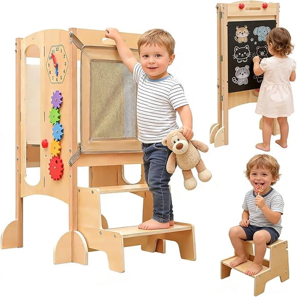 Torre para Niños, 3 en 1 Taburete de Cocina para Niños, Plegable Torre de Aprendizaje Montessori de Madera con Pizarra De Tiza Y Actividades Montessori, Red De Seguridad, Altura Ajustable