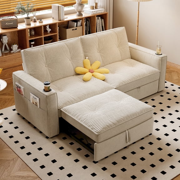 73.2" 2-in-1 Convertible Sofa Bed with Cup Holders,Corduroy Sleeper Sofa with Memory Foam,Pull Out Loveseat with Side Storage Pockets,600LBS Capacity,for Small Apartment Living Room Bedroom,White