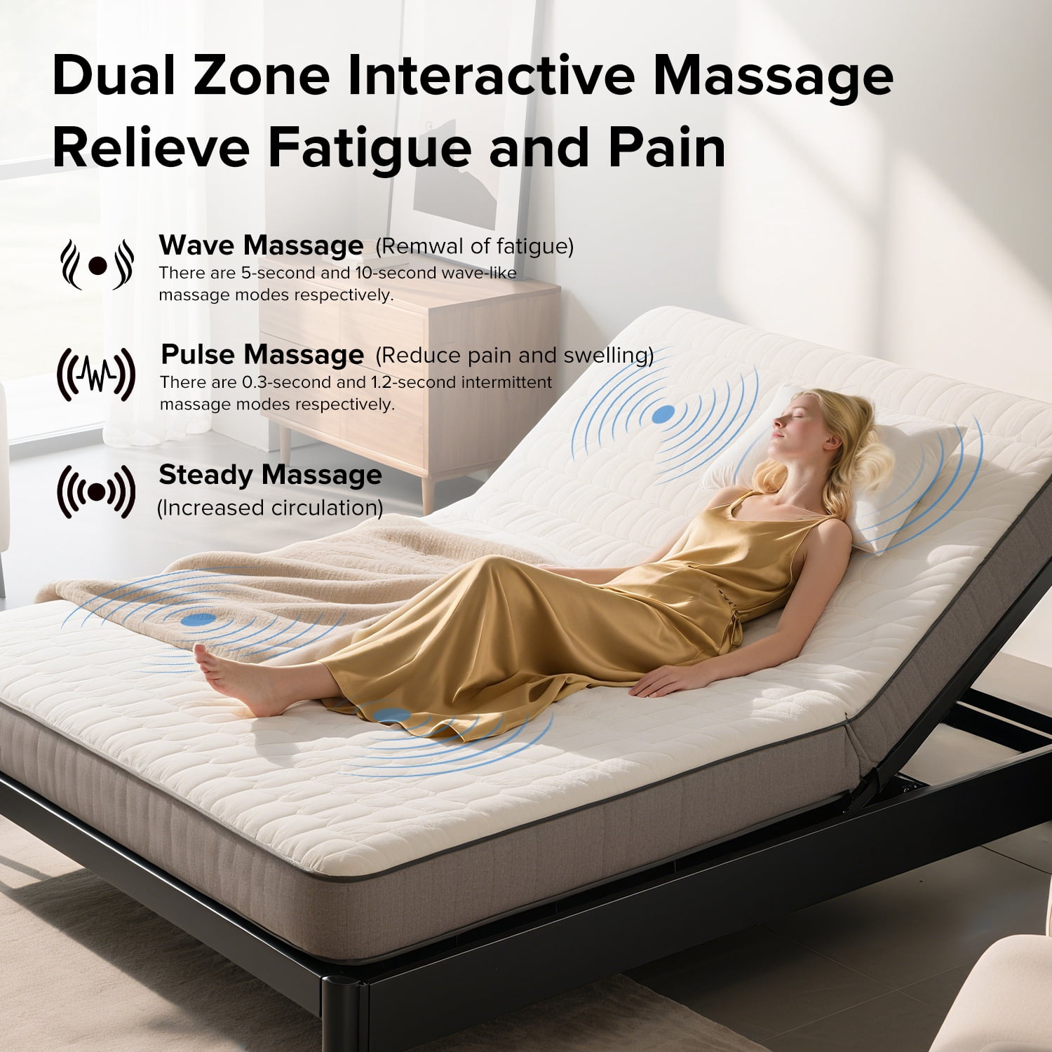 Yoneston Queen Size Adjustable Bed Base Frame with Head & Foot Incline, Massage, Wireless Remote, 0 Zero Gravity, LED Nightlight & USB Ports, Anti-Snore, Black