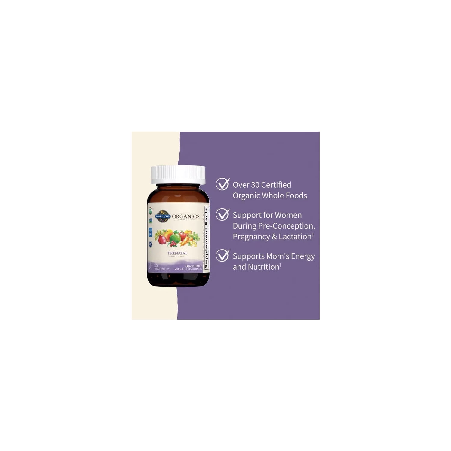 Garden of Life Organics Prenatal Multivitamin, with Folate and Vegan D3 - Once Daily for Pregnant & Lactating Women - 1 Month Supply