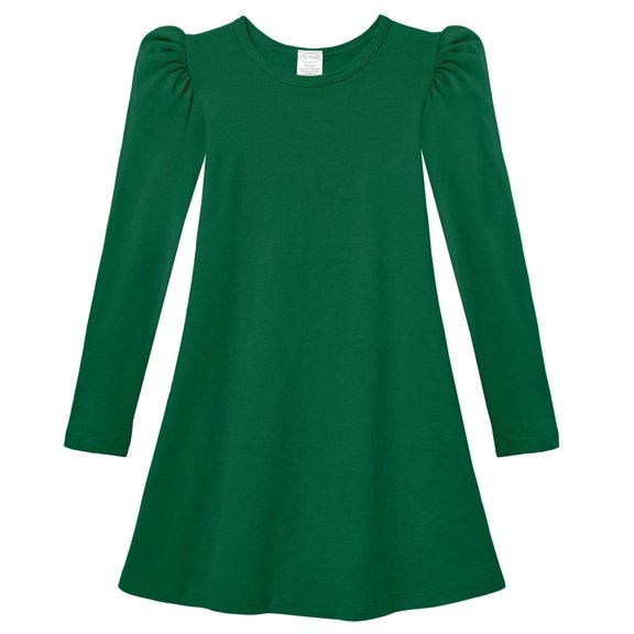 Girls Soft Cotton Puff Long Sleeve Dress | Forest Green