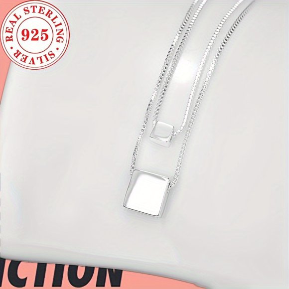 925 silvery Double-Layer Square Pendant Necklace | Elegant Jewelry Gift, Versatile for Daily Wear, Ideal for Beloved Ones or as a Gift for Family and Friends, Perfect for Various Occasions