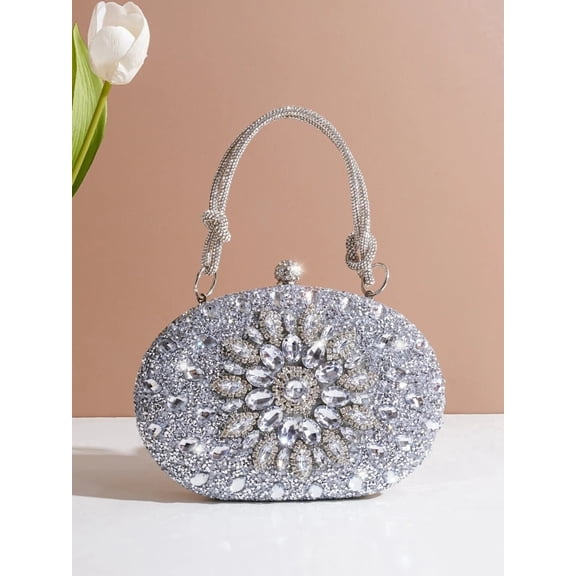 REMANLAND Women's PU Floral Rhinestone Evening Clutch with Detachable Straps, Silver