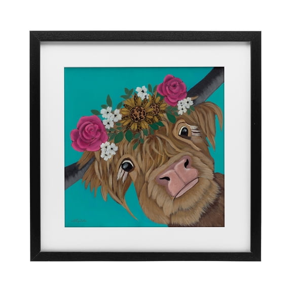 Stupell Industries Joyful Cattle with Flower Crown Black Framed Print Under Glass design by Ashley Justice, 13 x 13