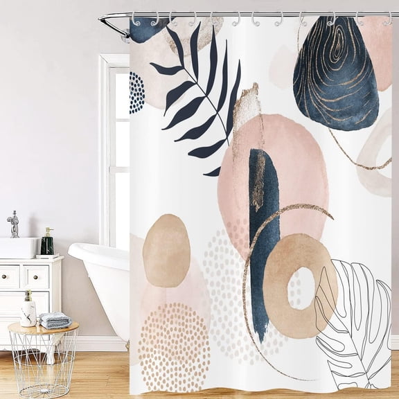 Abstract Boho Leaf Shower Curtains, Weighted Bottom Pink and Navy Blue Modern Minimalist Geometric Palm Leaves Mid Century Fabric Bathroom Curtain Waterproof Washable with 12 Hooks,72"x72"