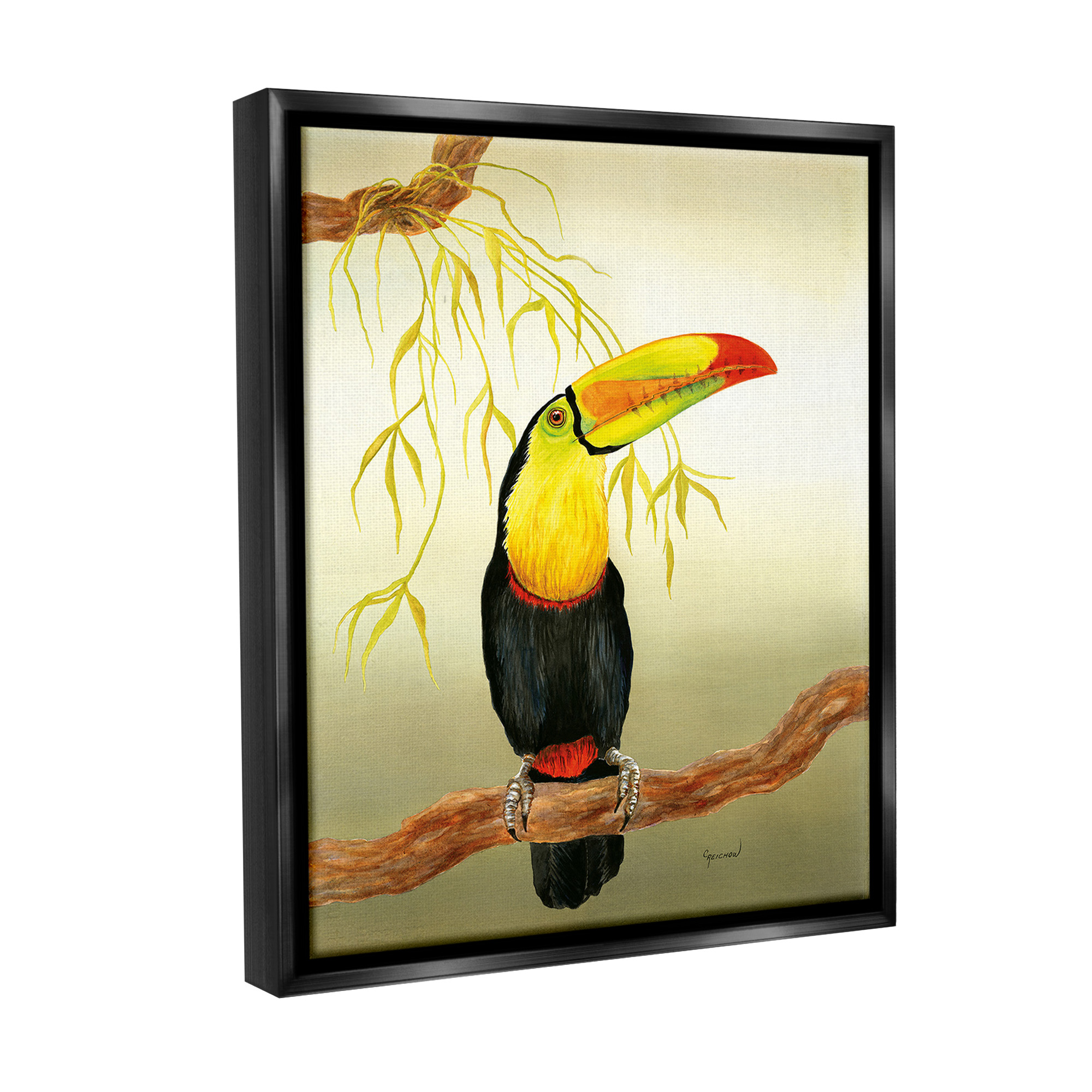 Stupell Industries Toucan on Forest Branch Animals & Insects Painting Black Floater Framed Canvas Art Print Wall Art, 17 x 21