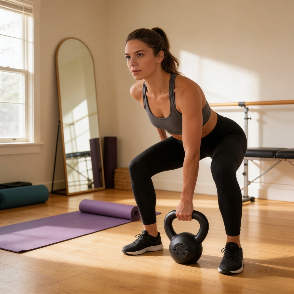 Riwcyla 15LB Solid Cast Iron Kettlebell, Flat Base Powder Coated Weight for Home Gym Strength Training