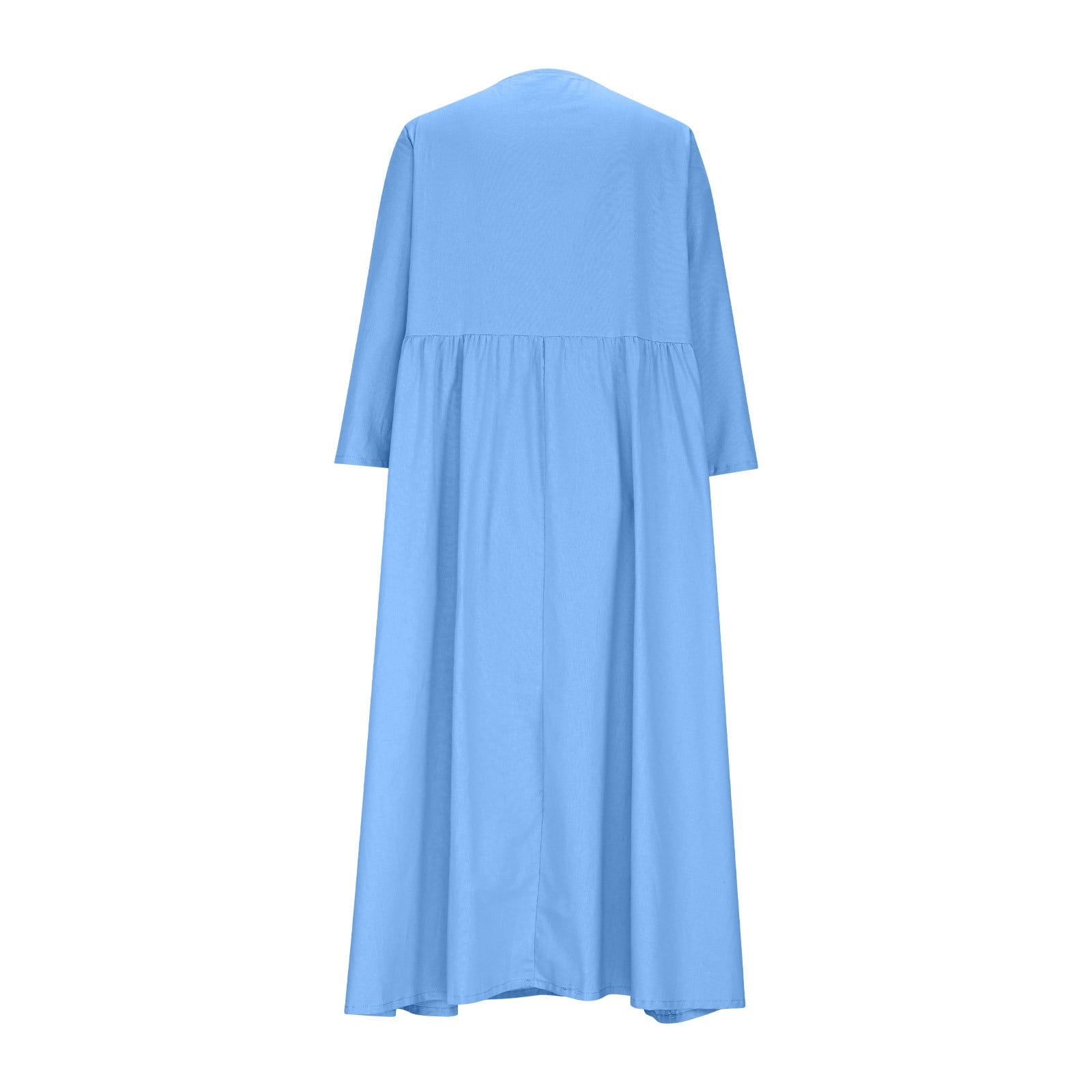 JGGSPWM Linen Dress Women V Neck Long 3/4 Sleeve Tunic Boho Maxi Dress Casual Spring and Autumn Plain Flowy Beach Vacation Dresses Blue S