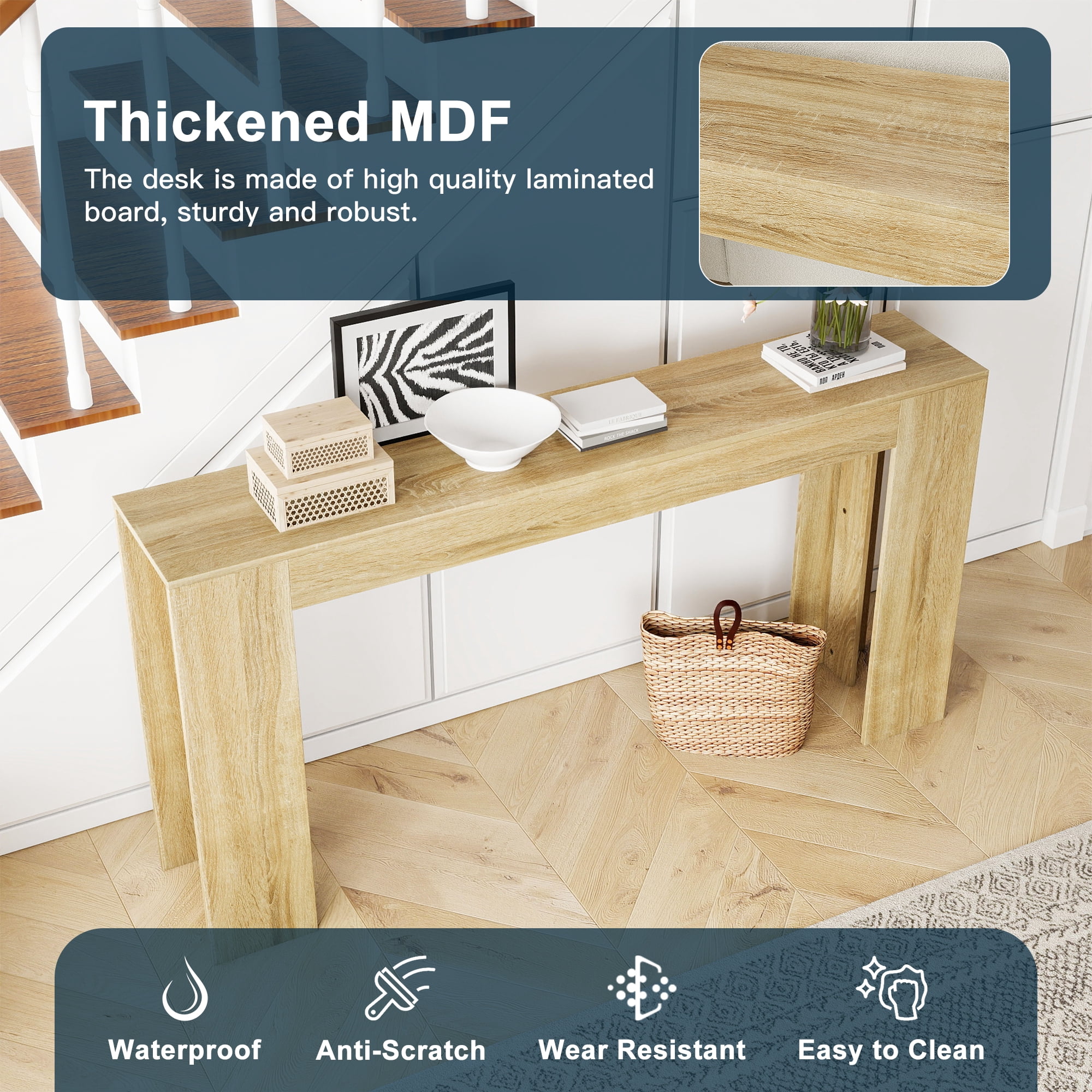 Domi Bonn Modern Oak Console Table, Extra-Long 62.99” Slim Profile with Waterproof Easy-Clean Finish, Sturdy Versatile for Entryway, Living Room