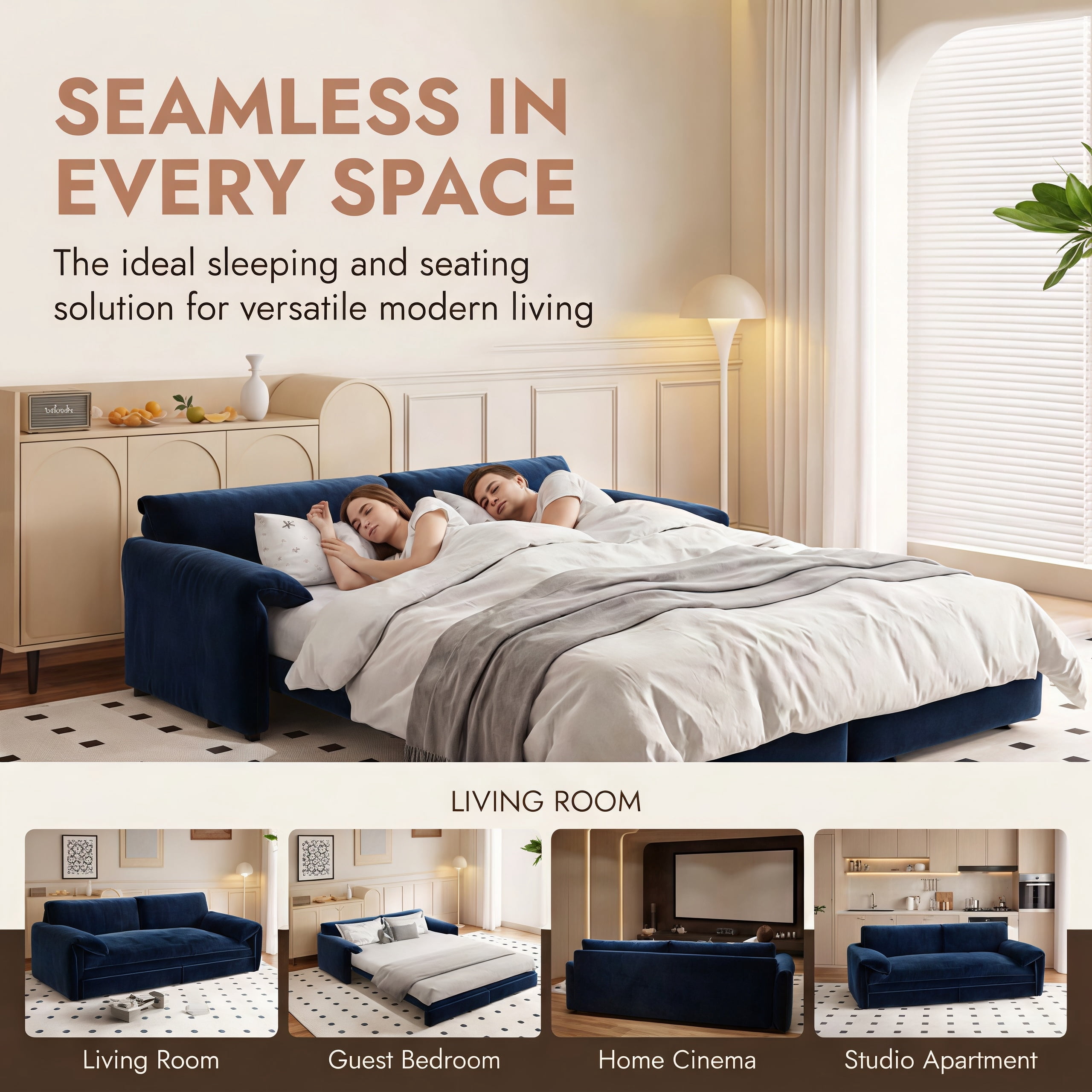 3-in-1 Queen Pull Out Sofa Bed, 66" Velvet Convertible Sleeper Couch with Deep Seat & Storage Pocket, Modern Folding Futon Sofa Bed, Blue