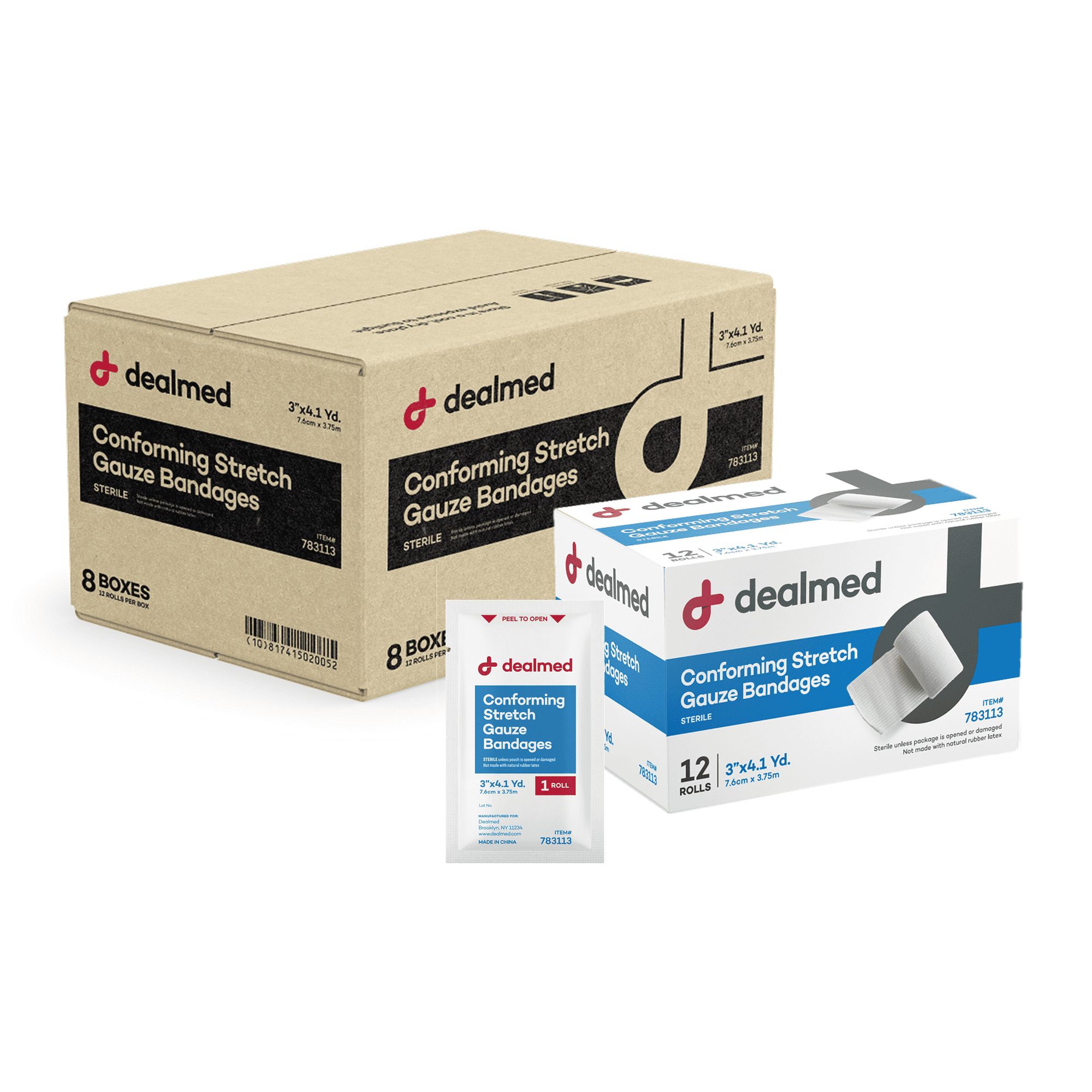 Dealmed 3" Sterile Conforming Stretch Gauze Bandages, 4.1 Yards Stretched Gauze Rolls, Wound Care Product, Case of 96