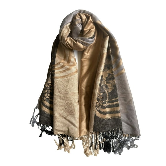 Tan Pashmina Shawl  - Silver& Black Floral Swirl Patterns