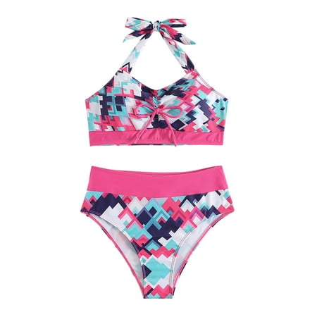 ZQGJB Womens High Waisted Swimsuits with Boy Shorts Summer Tropical Printed Brazilian Triangle Top Stripes Halter Bikini Two Piece Bathing Suits(Hot Pink M)