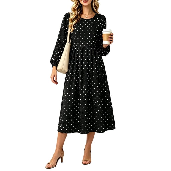 Levmjia Women's Dress Round Neck Long Sleeve Polka Dot Midi Dress Casual A Line Swing Dress with Pockets Elastic Waist Office Work Dresses