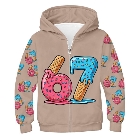 MEZZALL Girls Number 6 7 Cartoon Print Hooded Zip Up Jacket Long Sleeve Athletic Outerwear Kids Casual Warm Fuzzy Coat Holiday Tops