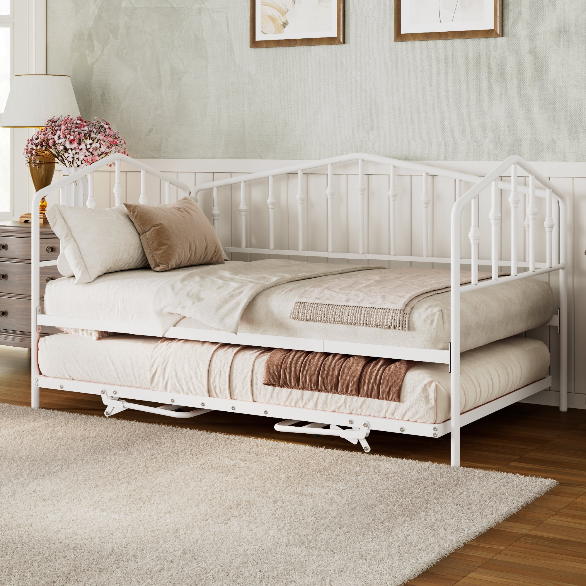 GARITIN Twin Size Metal Daybed with Adjustable Trundle, Portable Folding Trundle Bed Frame for Guest Room, White