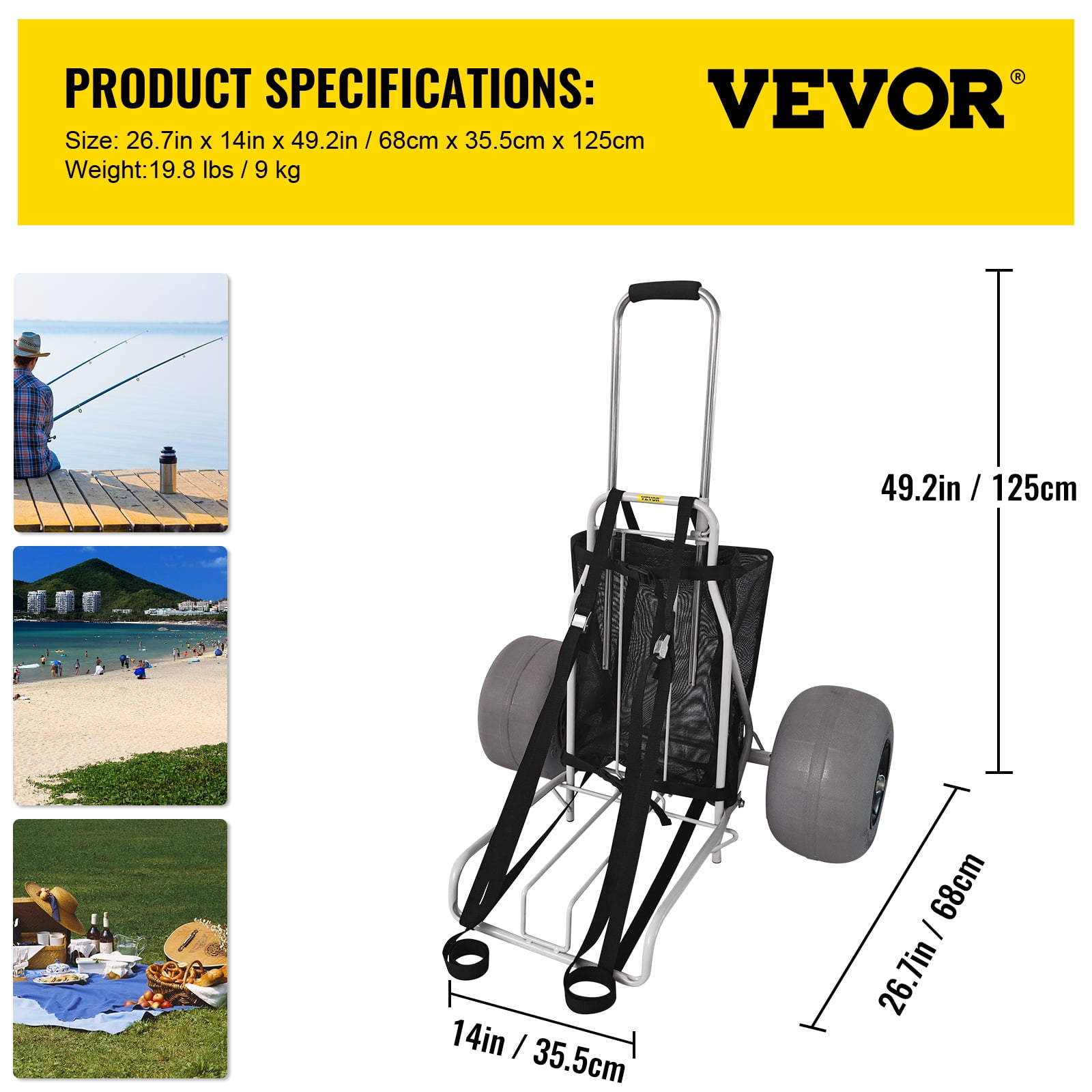 VEVOR Beach Carts for the Sand, w/ 12 TPU Balloon Wheels, 165Lbs Loading  Capacity Folding Sand Cart & 29.5 to 49.2 Adjustable Height, Heavy Duty  Cart for Picnic, Fishing, Beach 