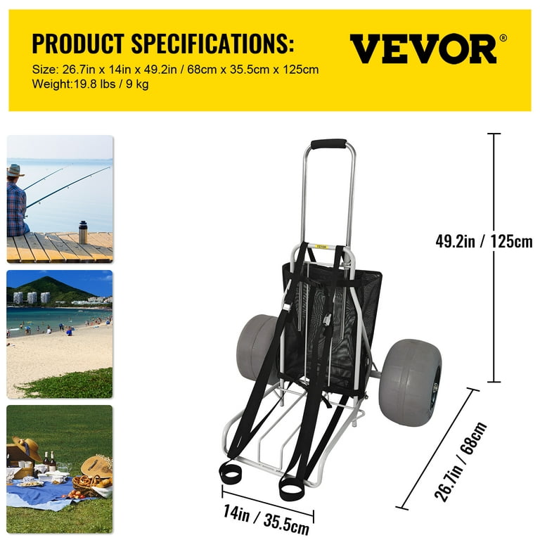 VEVOR Beach Carts for The Sand, w/ 12 inch TPU Balloon Wheels, 165lbs Loading Capacity Folding Sand Cart & 29.5 inch to 49.2 inch Adjustable Height