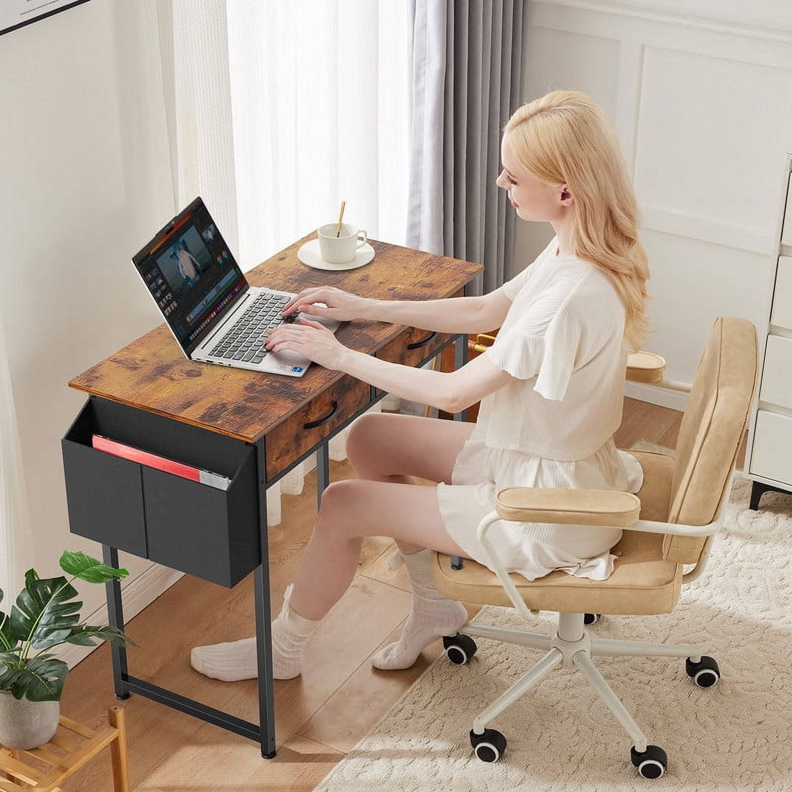 Gianna 32 Inch Desk with 2 Drawers Home Office Computer PC Table with Fabric Storage Bag, Study Writing Wood Deskboard for Small Spaces,Rust Brown