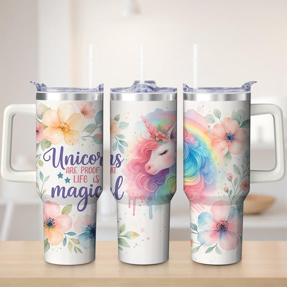 Unicorn Rainbow Floral Stainless Steel Insulated Mug with Lid and Handle, 30oz