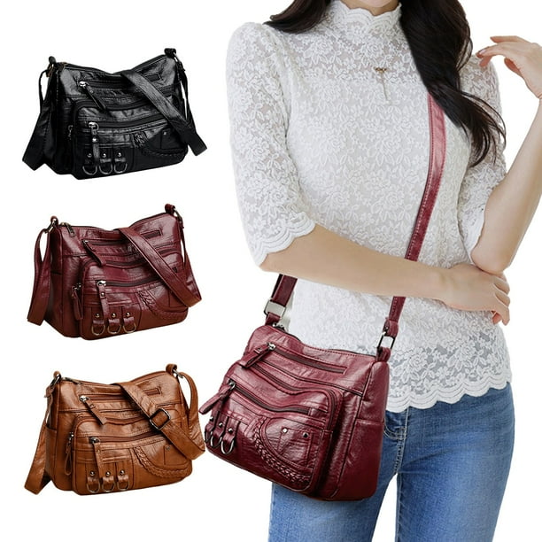 Bolso de Hombro para Mujer de Piel Sintética Suave y Lavada - Multicremallera, Espacioso, de Gran Capacidad, para Uso Diario, Viajes, Trabajo y Compras (Negro, Marrón, Rojo)
