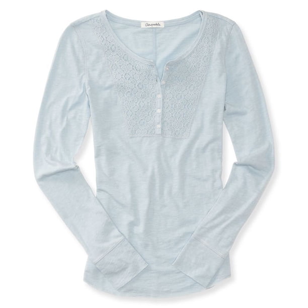 Aeropostale - Camiseta henley con yugo de encaje para mujer, azul, pequeña Aeropostale henley