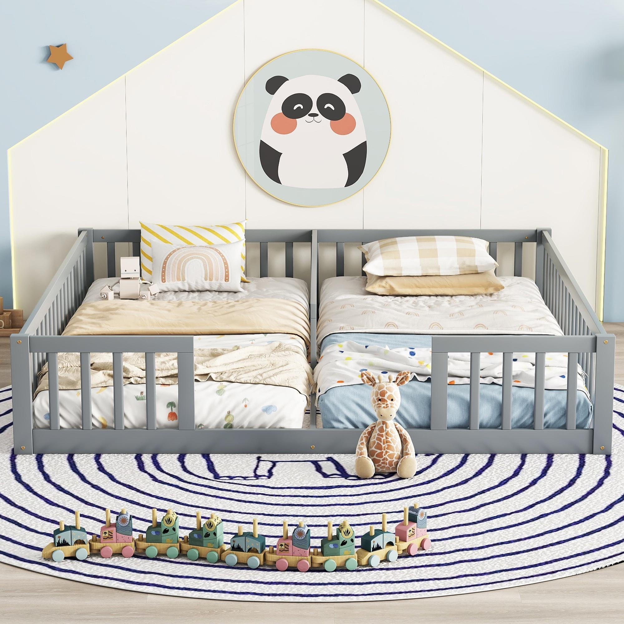 PORKISS Twin Size Floor Bed for Kids, Double Wood Montessori Bed Frame with Fence, Grey