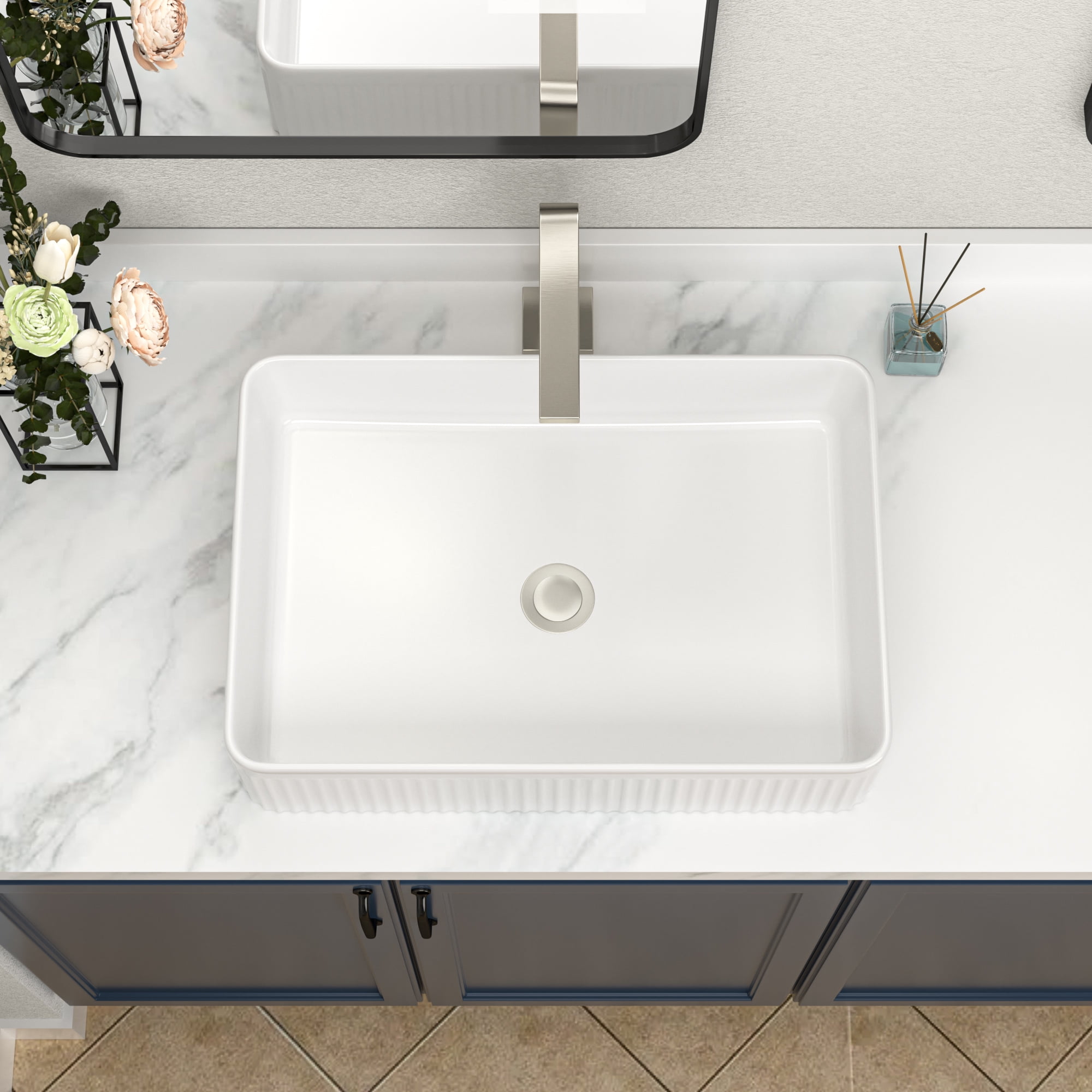 Logmey 19"x13" White Bathroom Vessel Sink Rectangular Ceramic Sink Porcelain Vanity Basin