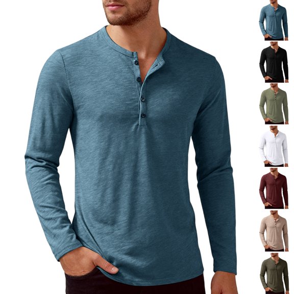 Yifymode Men's Henley Linen Long Sleeve T Shirts, Lightweight Button Crewneck Casual Tops for Daily Outdoor Leisure Athletic Wear
