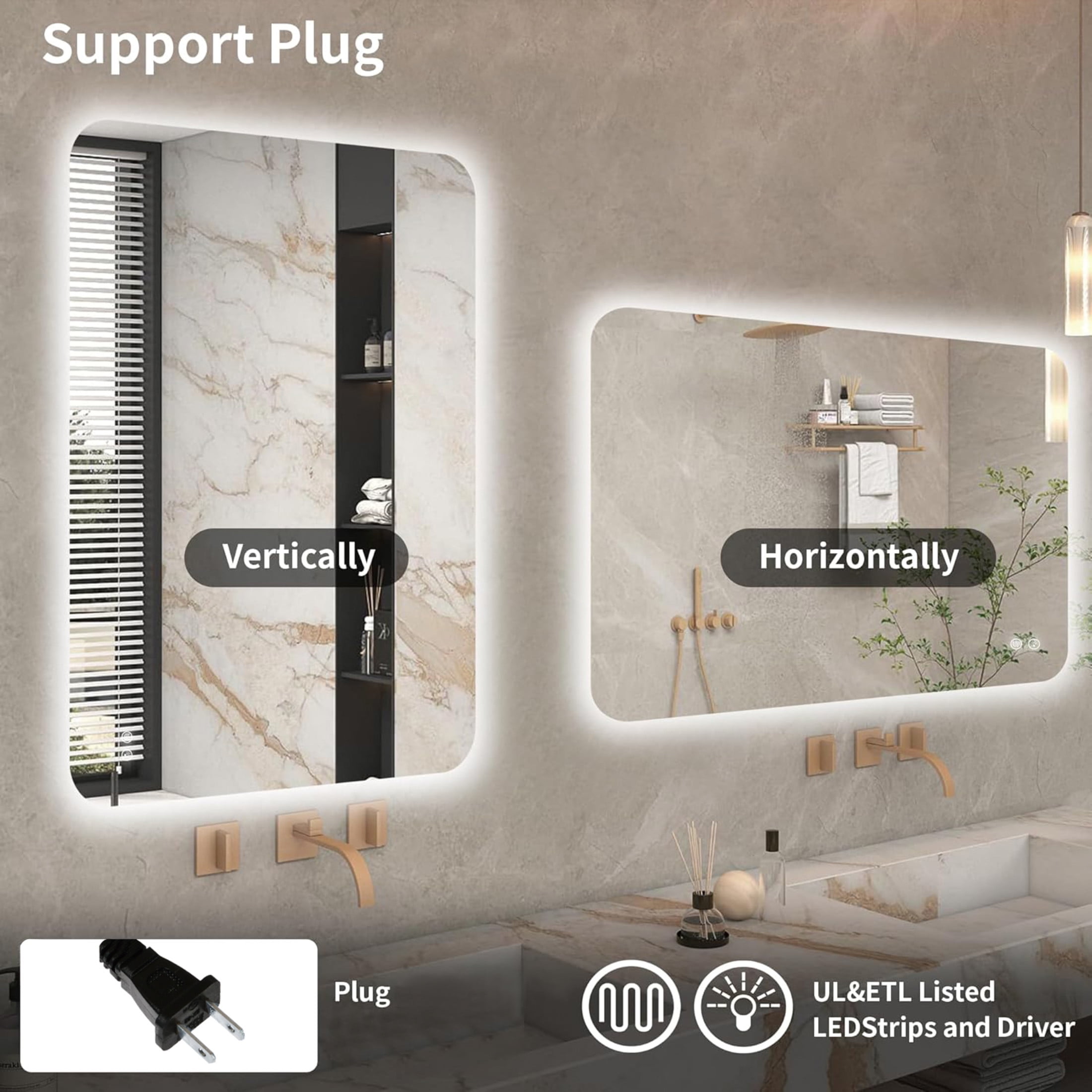 Noble House 30"x40" Rectangular LED Backlit Bathroom Mirror, Anti-Fog, Dimmable 3-Color Lighting