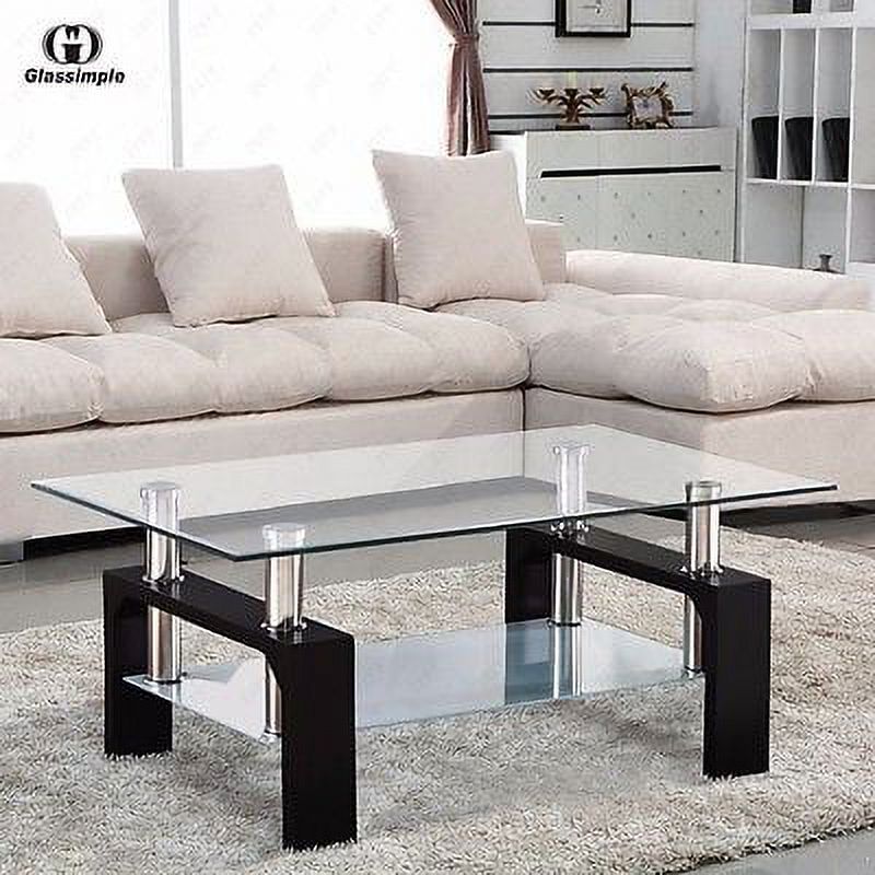 Uenjoy Rectangular Glass Coffee Table Shelf Chrome Black Wood Living Room Furniture, Black - image 2 of 8