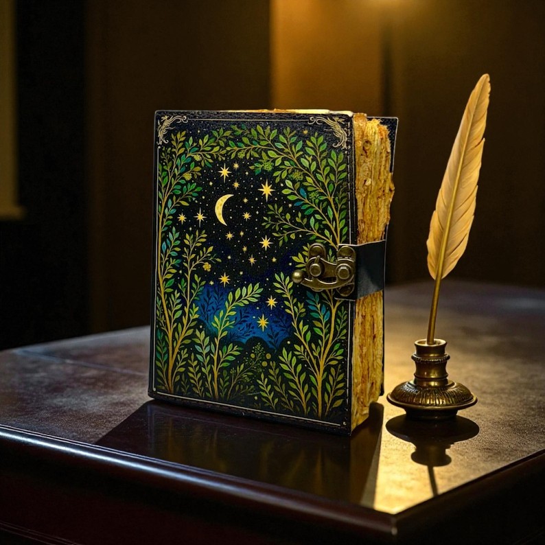 Moon Tree Leather Book of Shadows – Handmade 5x7 Inch Journal, 200 Handmade Deckle Pages, Wiccan Pagan Grimoire, Witchcraft Spellbook