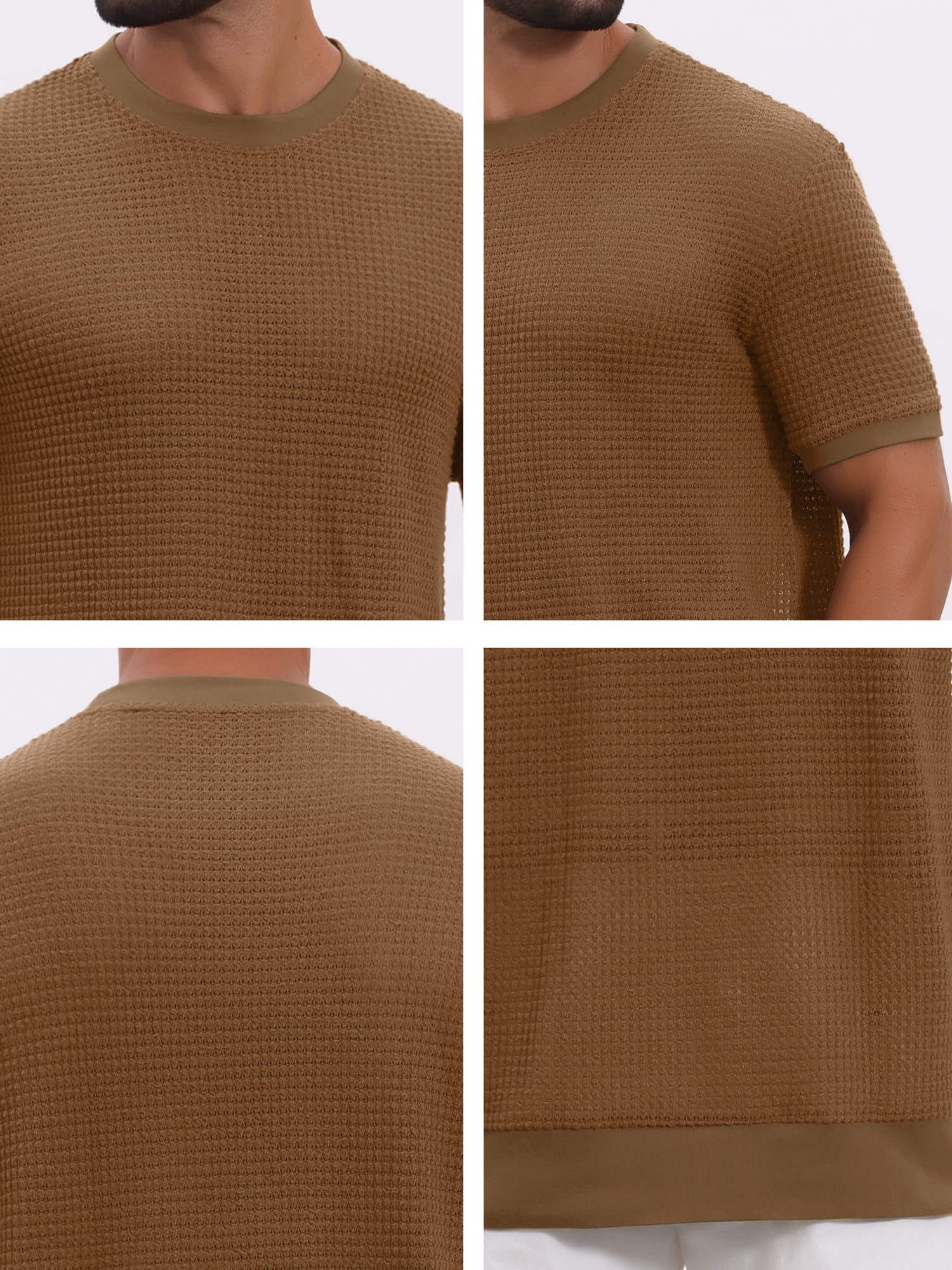 DARING DIVA Men's Waffle Short Sleeve Crew Neck Solid Knitted T-Shirt S Brown