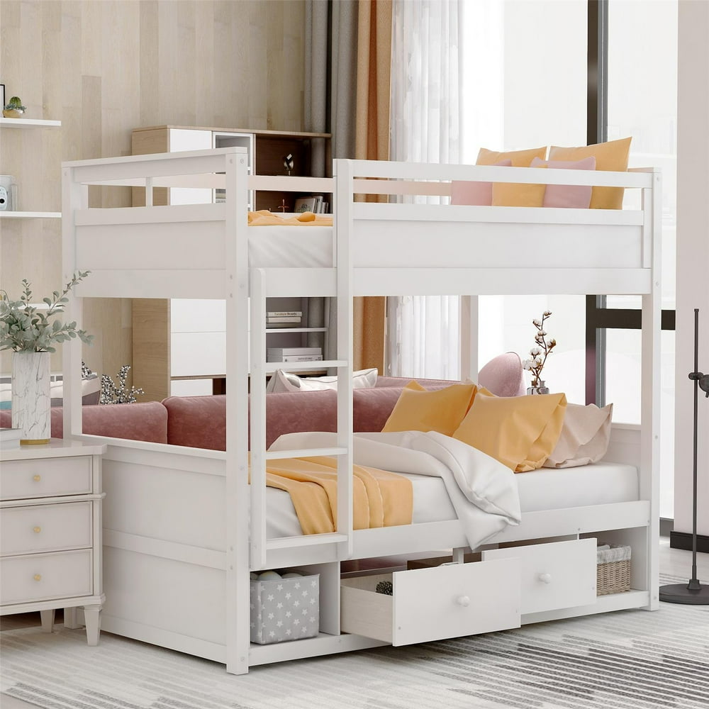 White Bunk Bed Twin Over Twin with 2 Storage Drawers for Kids, Pine
