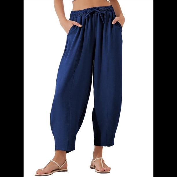 Pantalones Rectos Holgados Informales de Algodón y , Color Azul Oscuro, Talla L