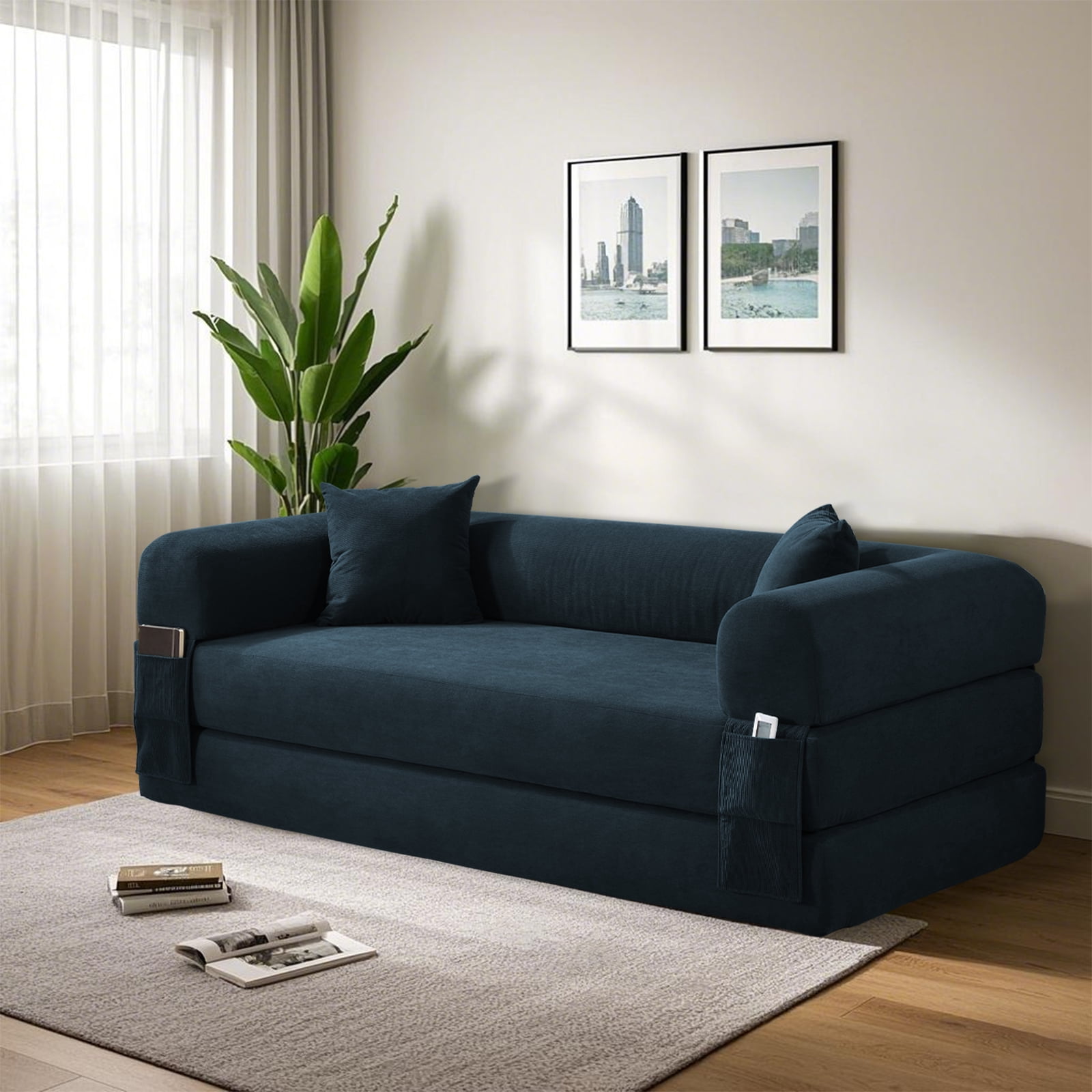 3 in 1 Convertible Sofa Bed, 80" Corduroy Folding Pull Out Couch with 2 Pillows, Floor Sofa with Side Storage for Living Room, No Assembly Modern Boneless Couch Compression Sofa, 35.4"W