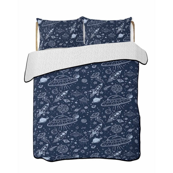 Quilts Twin Size Bedding Set, Navy Blue Cartoon Space Lightweight Quilted Comforter, Star Spacecraft Rocket Meteorite Soft Reversible Bedspread Coverlet with Pillow Covers for All Season, 68" x 86"