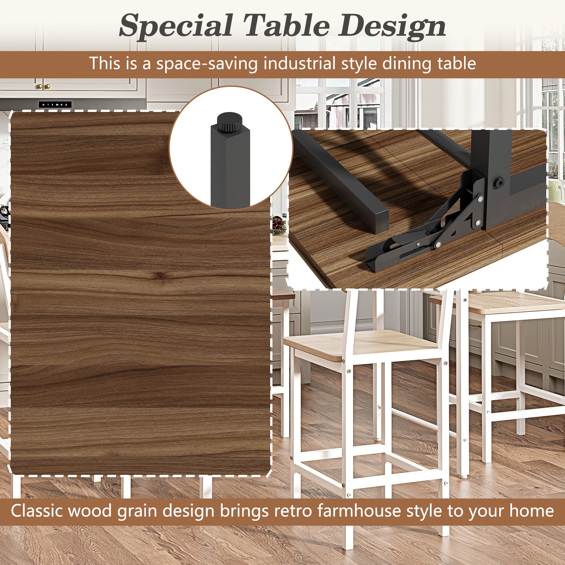 Dining Table Set for 4, Drop Leaf Pub Table and Dining Chair Set, Counter Height Table Set of 5, Kitchen Table Set with Stools for Kitchen Apartment Bistro, Brown
