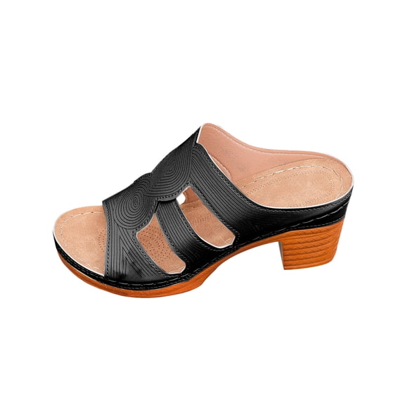 Hopeusnice Slippers for Women Soft Non-Slip Breathable Open Toe Sandals Block High Heel Women's Slippers Trendy PU Materials Summer Shoes for Beach Moisture-Wicking Elegant Shoes Black 39
