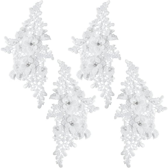 2 Pair Beaded Lace Appliques White Pearl 3D Flower Crystal Applique Polyester Embroidery Floral Rhinestone Sew on Patches for Sewing Making Dresses Clothes Wedding Gown Headpiece DIY Supply