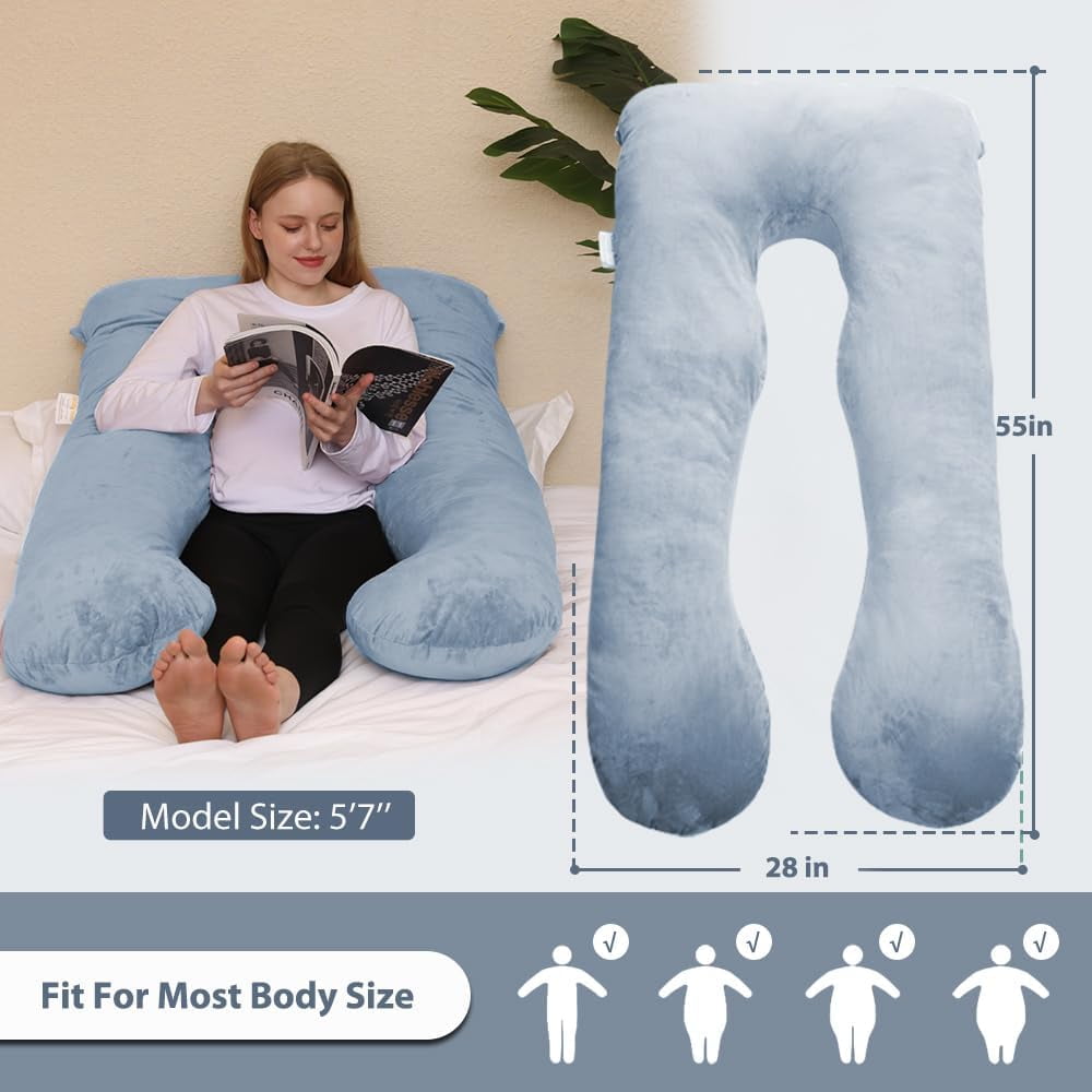 Pregnancy Pillow, Full Body U Shaped Cooling Full Body Maternity Pillow with Removable Cover - Support for Back, Legs, Belly, HIPS for Pregnant Women, Grey Velvet Cover