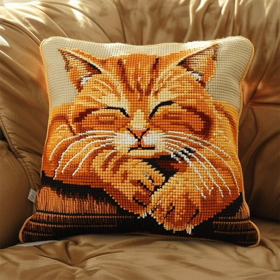 Cat Cross Stitch Pillow Kit , 17.72" x 17.72" , Handmade Embroidery Kit Needlepoint Home Decor for Sofa (11ct)