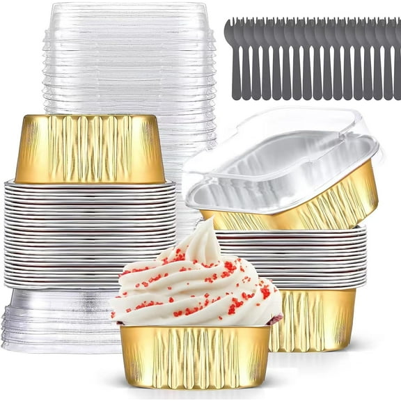 Monebena Mini Cake Pans With Lids (10oz,40 Pack) Aluminum Foil Square Cupcake Liners Brownie Baking Cups,Disposable 4”x4” Large Cupcake Pan,Jumbo Muffin Tin Ramekins Holders M01