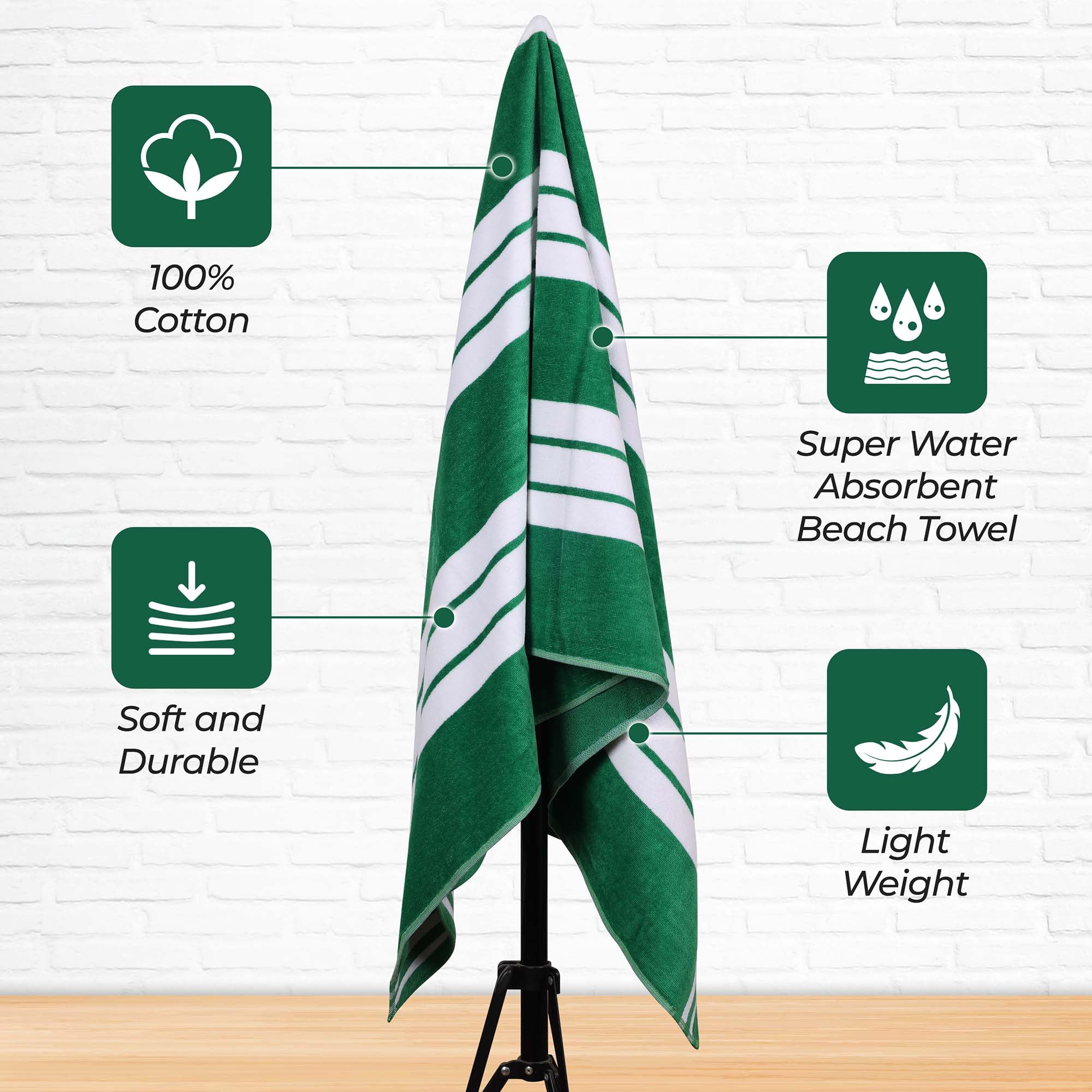 Superior Cotton Striped Oversized Beach Towel Set of 6, 34" x 64", Dark Green